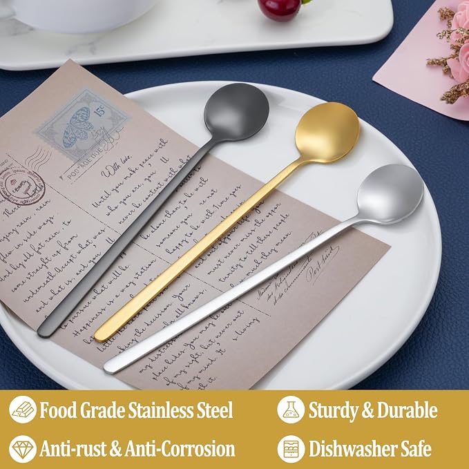 12 Pcs Coffee Spoons Set, 6.7" Gold Tea Spoons Long Handle, Gold Small Teaspoons, Stainless Steel Espresso Spoon, Long Spoon for Stirring, Coffee Bar Accessories (Pack of 2) - Image 3