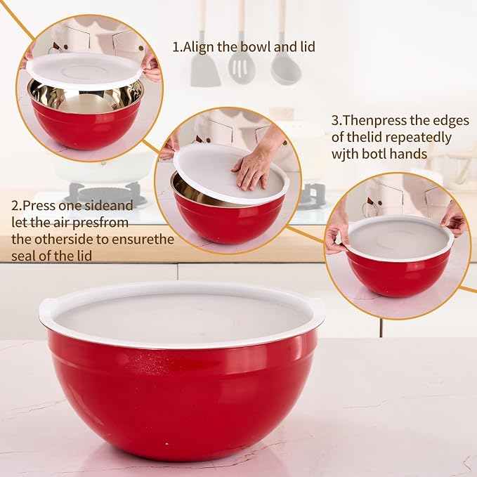Red Mixing Bowls with Airtight Lids, Stainless Steel Nesting Mixing Bowls Set of 7, Ideal for Baking, Prepping and Serving Food, Size 7, 3.6, 2.7, 2.1, 1.5, 1.1,0.8 QT, Stackable Design - Image 3
