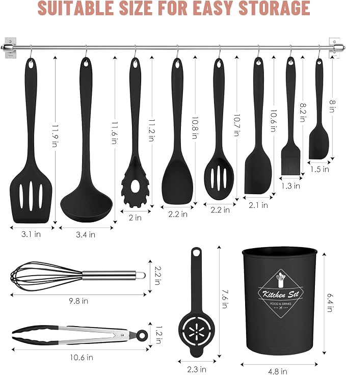 Black Kitchen Utensils Set-12 Pieces Silicone Cooking Utensils Set | Dishwasher Safe 392°F Heat Resistant Spatula Set Kitchen Utensil Set for Nonstick Cookware,Best Kitchen Tools with Holder - Image 2