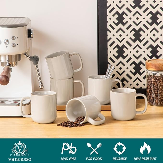 vancasso Coffee Mugs Set of 6, 12 Oz Ceramic Coffee Cups with Handle, Ceramic Unique Glaze Coffee Cup for Cappuccino, Latte, Tea, Cocoa, Dishwasher & Microwave Safe Gift Sets, Gray, Series PLAYA - Image 3