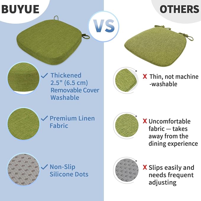 BUYUE Thickened 2.5" Friendly Woven Fabric Dining Chair Cushion, U-Shape High Density Foam Comfortable Chair Pad for Kitchen, Slip Resistant Indoor Seat Cushion (1 Piece, Grass Green) - Image 6