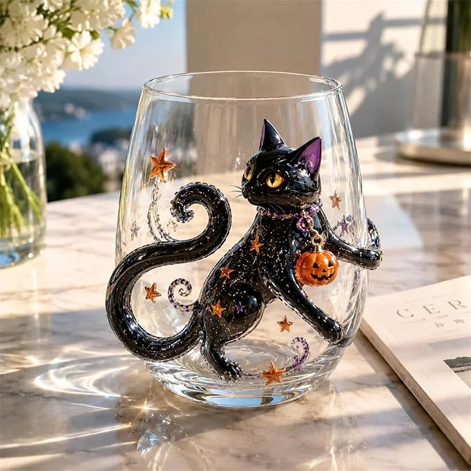 3D Halloween Artisan Glassware Collection, Premium Handleless Glass with Ghost, Pumpkin, Spider & Black Cat Gothic Style Artistic Glass Wine Goblet Designs, for Party & Cozy Fall Home Bar (B) by Unknown