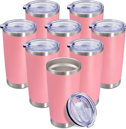 20oz Tumbler Insulated Coffee Tumblers with Lid Stainless Steel Pink 8P | 20 oz Tumblers Double Wall Insulated Vacuum 20oz Coffee Mug Leak Proof Tumblers with Lid Powder Coated - Pink 8 Pack by AEPDTD