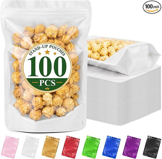 ANZNKU 100PCS Mylar Bags Resealable Small Smell Proof Bags(White, 5.9x8.6) | Stand Up Foil Pouches Clear Window, Sealable Bags for Small Business Packaging Snack Party Favors Candy Treats Food Storage by ANZNKU