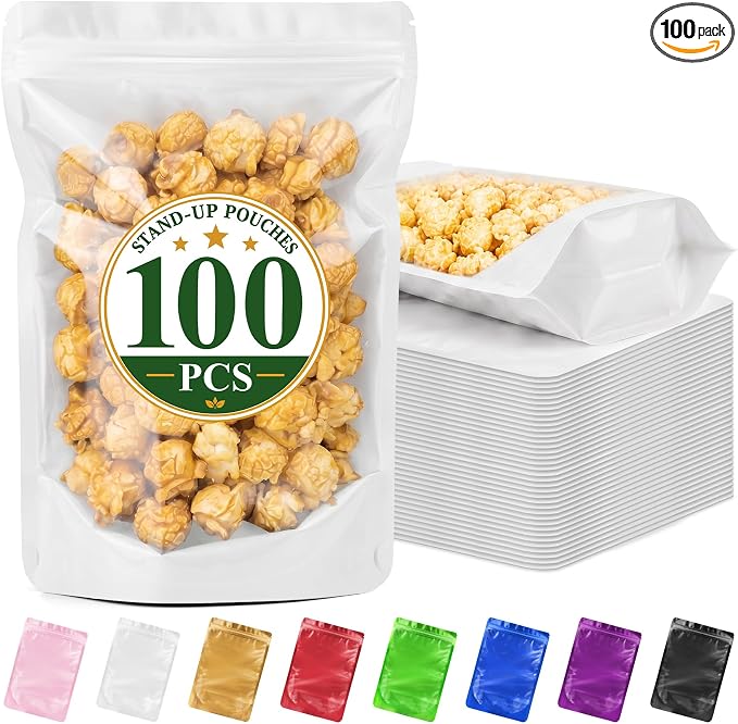 ANZNKU 100PCS Mylar Bags Resealable Large Smell Proof Bags(White, 7.1x10.2) | Stand Up Foil Pouches Clear Window, Sealable Bags for Small Business Packaging Snack Party Favors Candy Treats Food Storage by ANZNKU