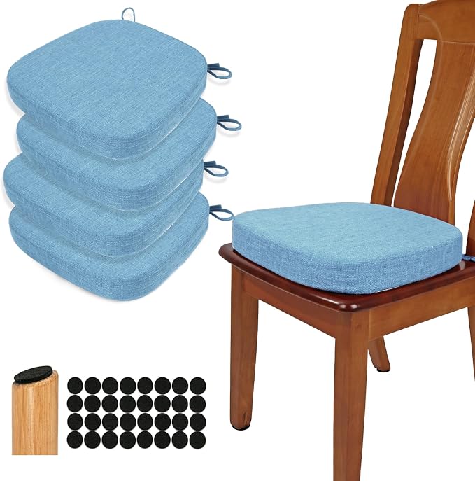 BUYUE Thickened 2.5" Dining Chair Cushions Set of 4, U-Shape High Density Foam Comfortable Chair Pads for Kitchen, Slip Resistant Indoor Seat Cushions (4 PCS, Light Blue) by BUYUE