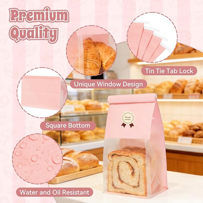 Funcoo 50 Bakery Bags with Window, 5.1x3.9x11 Inches Paper Bread Bags, Tin Tie Tab Lock Cookie Bags Food Storage Bag for Snacks, Popcorn, Candies, 60 pcs Stickers Included - Image 3