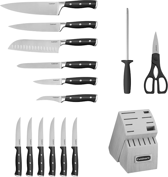 Cuisinart Classic Forged Triple Rivet, 15-Piece Knife Set with Block, Superior High-Carbon Stainless Steel Blades for Precision and Accuracy (Black/Gray) - Image 3