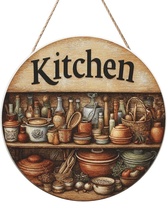 Rustic Kitchen Pantry Wooden Plaque, 12inch Round Wall Decor With Tiered Shelves, Copper, Jars & Utensils, Kitchen Door Hanging Art, Home Decoration Artworks Create An Atmosphere by Vextrovia