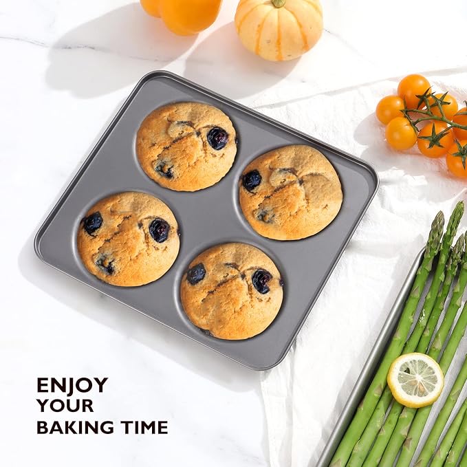 Large Muffin Top Pan Set of 2, 4 Cup Nonstick Hamburger Bun Baking Pan, Jumbo Whoopie Pie Pan for Egg Sandwich, Cornbread, Layer Cake - Image 2