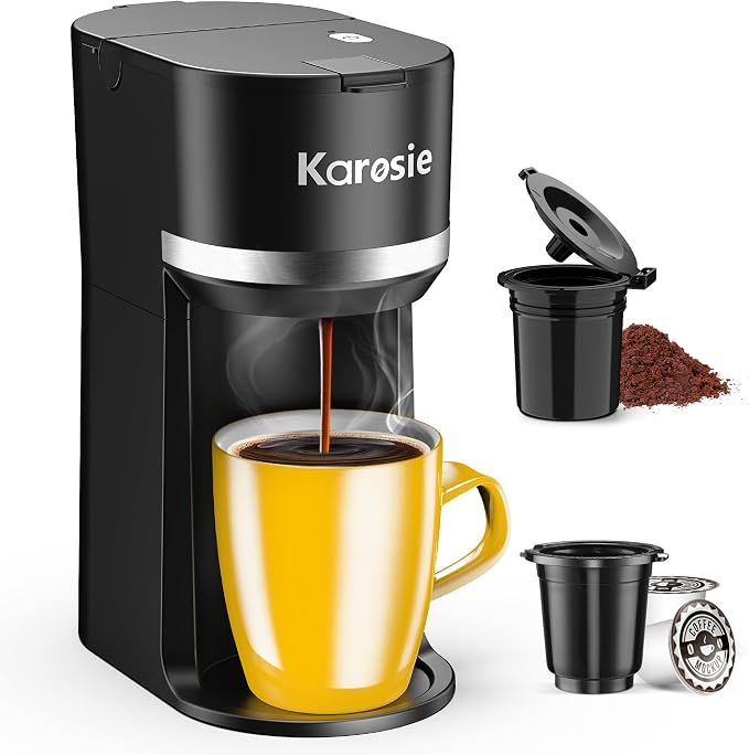 Single Serve Coffee Maker for Coffee Pods and Grounds, Fast Brew, 6-12 oz Brew Sizes Single Cup Coffee Maker Fits 5.5" Mugs, One-Button Small Coffee Maker, Descaling Reminder,Black,9.45 Inches by Karosie
