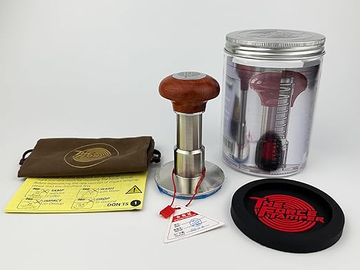 The Force Tamper Automatic Impact Adjustable Constant Pressure and Autoleveling Coffee Tamper Reddish Brown Jellyfish Wooden Handle Set Pro (Standard Set, 54.00mm)