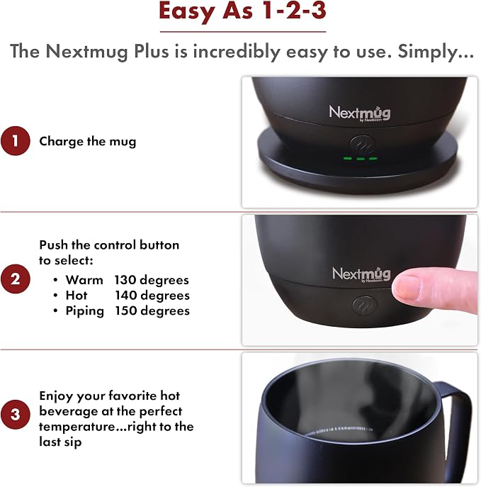 Nextmug Plus - Temperature-Controlled, Self-Heating Coffee Mug | (Black - 18 oz.) – No App, Long-Lasting Battery for Work & Study, Great Gift for Coffee Lovers - Image 2