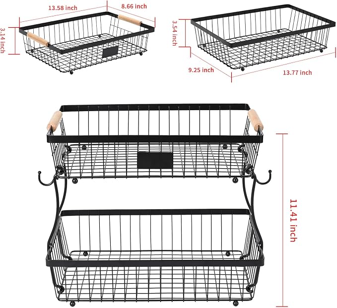 Fruit Basket Bowl 2 Tier Detachable with 2 Banana Hangers, Fruit Stand Holder for Kitchen Countertop, Metal Wire Vegetable Storage Organizer, for Bread Snack Veggies Produce, Black - Image 2