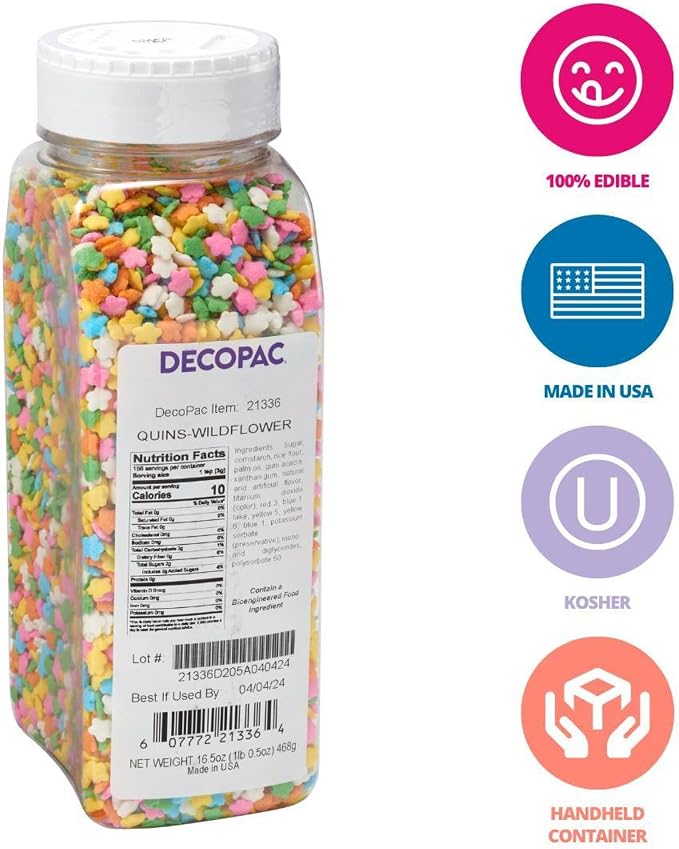 DECOPAC Quins Fancy Sprinkles, 19.5oz, Candy Sprinkles in Handheld Container, Edible Sprinkles For Celebration Cakes, Cupcakes, Cookies - Flower Shape Quins - Image 2