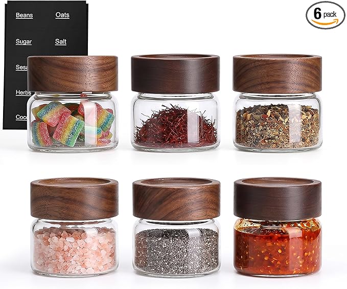 6 Pack 4 oz Glass Jars with Lids, Small Mason Jars with Airtight Acacia Wood Lid, Mini Glass Spice Jars for Kitchen Pantry Organization, 4oz Small Containers for Coffee Sugar Tea & Candy by Kalnsa