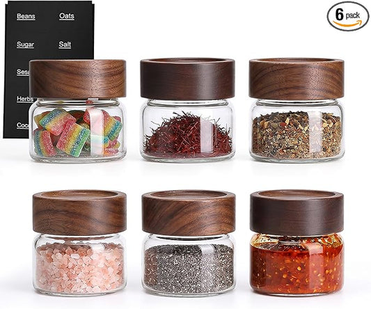 6 Pack 4 oz Glass Jars with Lids, Small Mason Jars with Airtight Acacia Wood Lid, Mini Glass Spice Jars for Kitchen Pantry Organization, 4oz Small Containers for Coffee Sugar Tea & Candy by Kalnsa