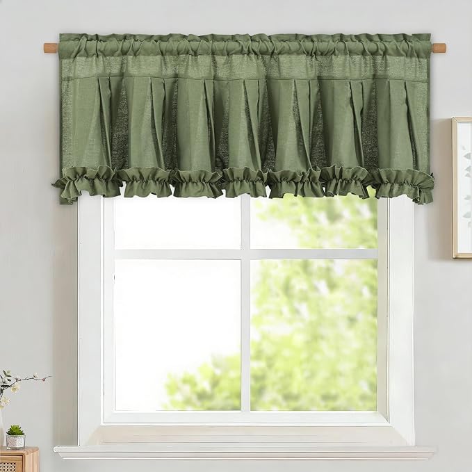 Likiyol Linen Valances for Windows Farmhouse Window Valances with Ruffle Rustic Country Light Filtering Kitchen Valance Curtains Rod Pocket Valance for Bathroom Cafe, Green, 52" W X 18" L by Likiyol