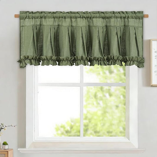 Likiyol Linen Valances for Windows Farmhouse Window Valances with Ruffle Rustic Country Light Filtering Kitchen Valance Curtains Rod Pocket Valance for Bathroom Cafe, Green, 52" W X 18" L by Likiyol