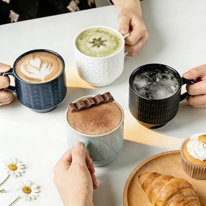 KOOV Ceramic Coffee Mug Set with Stand, 16 oz Coffee Mugs for Coffee, Tea, Cocoa, Stackable Ceramic Coffee Cup Set of 4, Large Mug Set of 4, Drinking Vessels for Women, Men (Blueset) - Image 2