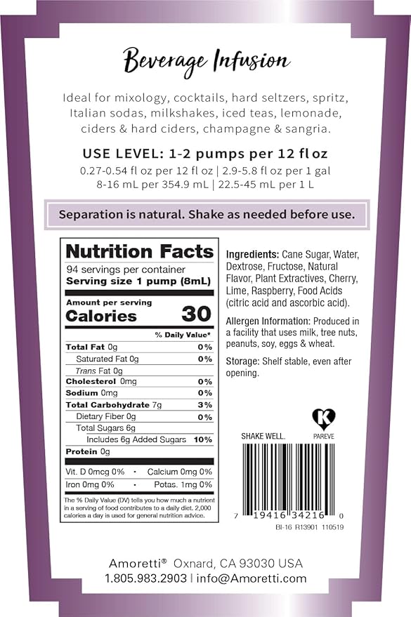 Amoretti - Cherry Lime Blue Raspberry Beverage Infusion Drink Mix & Water Enhancer with Pump for Flavoring Cocktails, Waters, Teas, and other Beverages, 94 Servings Per Bottle (750 ml)