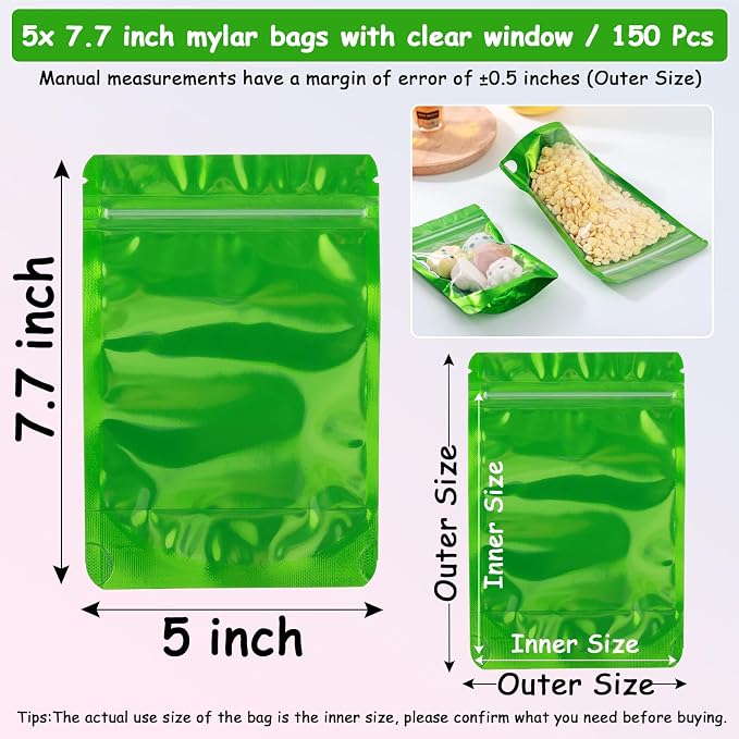 150 Pcs Mylar Bags for Food Storage, 5x8 Mylar Bag with Window Stand Up, Small Holographic Resealable Bags Smell Proof Bag Food Packaging for Small Business Freeze Dried Candy Jewelry Foil Packaging - Image 5