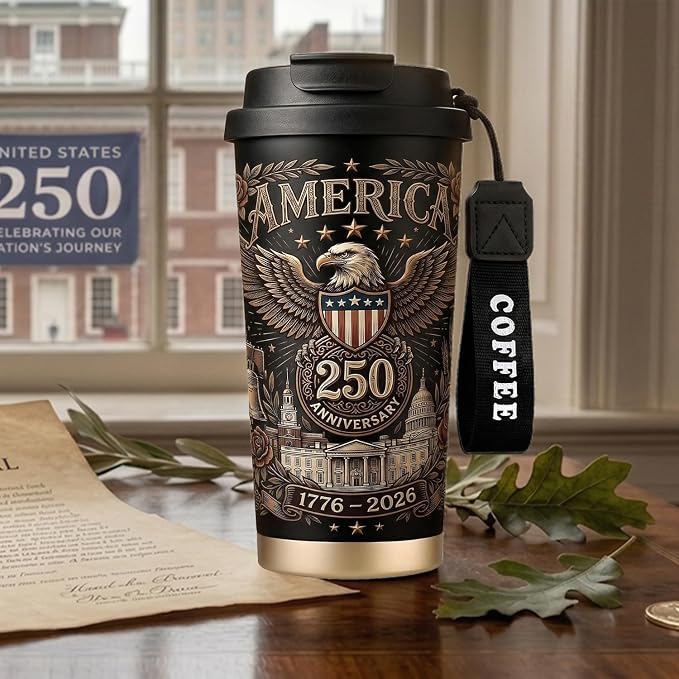 250th Anniversary Coffee Mug, 18 oz Insulated Mug, 250 Years America Garden Flag, Vintage Patriotic Design with 1776-2026 Dates, Military Anniversaries, Retirement & Holiday Commemorative Gift, Black - Image 3