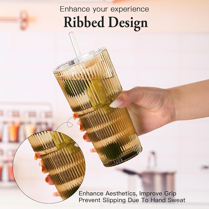 Amber Drinking Glasses，4PCS Amber Ribbed Glass Cups with Lids and Straws, 20oz Vintage Drinking Glasses, Aesthetic Iced Coffee Cups, Brown Yellow Glass Cup - Image 4