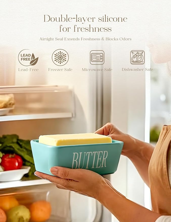 Ceramic Butter Dish with Lid and Knife & Silicone Seal for Countertop Green | Suitable Capacity, Great Sealing, Home Decor Kitchen Gift Housewarming Gift - Image 3