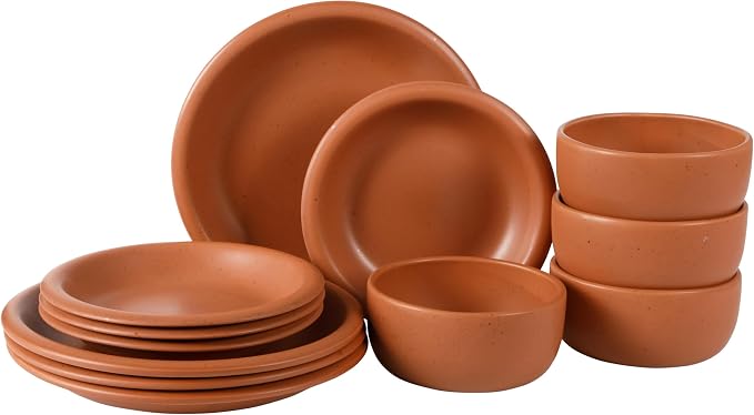 Bloomhouse - Two Time Oprah's Favorite Things Winner - Corsica Clay 12-Piece Stoneware Rustic Reactive Glaze Dinnerware Set - Stackable Plates Bowls Set Service for 4 - Matte Burnt Apricot Terracotta by Unknown