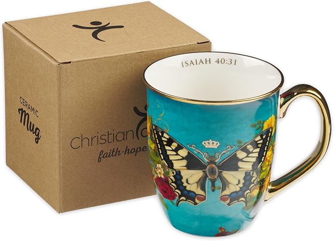 Christian Art Gifts Teal Butterfly Ceramic Coffee Mug with Gold Accents – 14 oz. Lead & Cadmium-free Inspirational Scripture Coffee and Tea Mug for Women & Men with Bible Verse: Hope – Isaiah 40:31 - Image 6