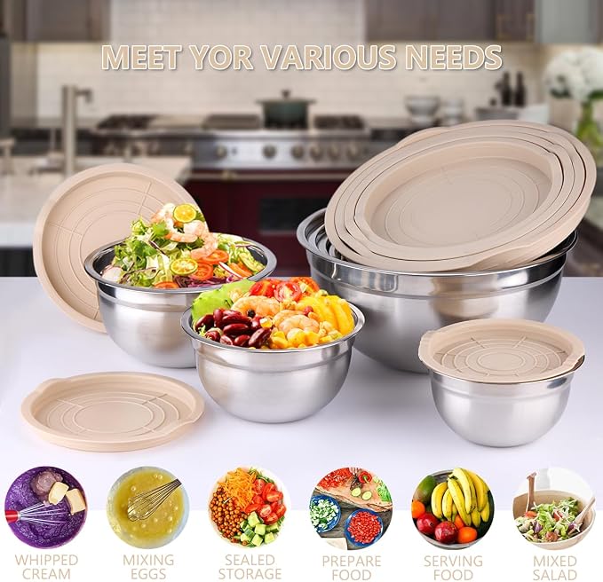 Leidawn Mixing Bowls with Lids set - 25 PCS Stainless Steel Nesting Khaki Mixing Bowls Set for Baking,Mixing,Serving & Prepping,Size 5, 3.7, 2.8, 2.3, 1.7, 1.1, 0.7QT, 11 Cooking - Image 7