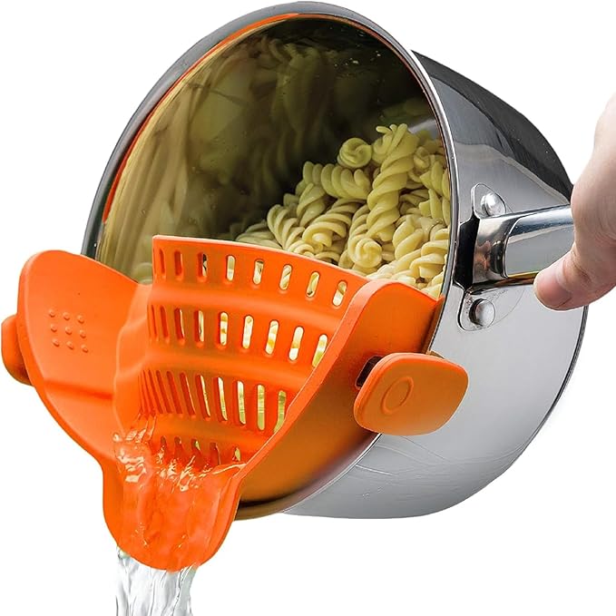 Kitchen Gizmo Snap N Strain Clip On Strainer for Pots and Pans - Adjustable Silicone Colander for Kitchen - Compact Clip-On Food Strainer for Draining Pasta and Vegetables - Orange by KitchenGizmo