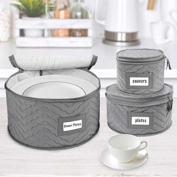LotFancy China Storage Containers, Quilted 5-Piece Set, Tea Cup and Saucer Storage Box, Chinaware Dinnerware Dish Plate Mug Storage Case, 48 Felt Protectors, Cardboard Dividers Included - Image 7
