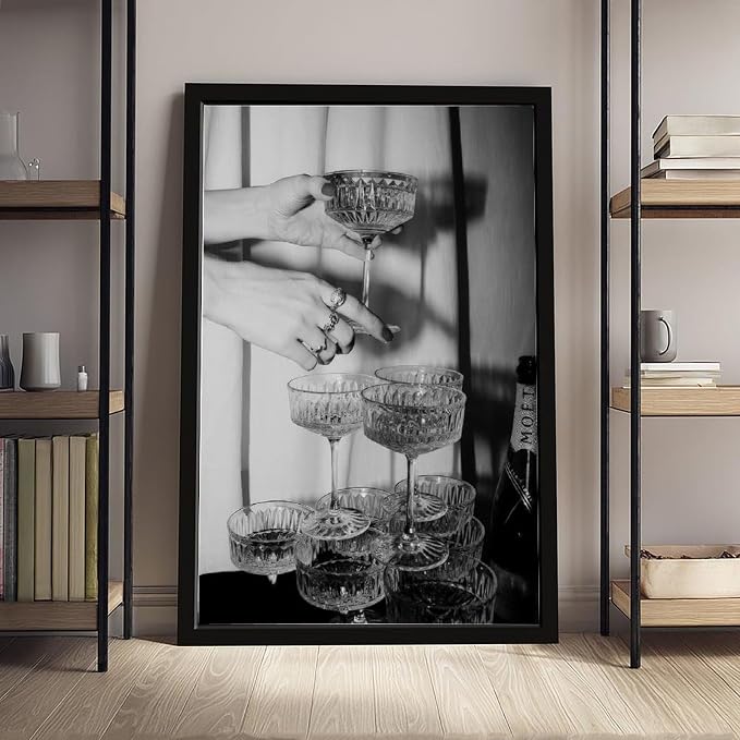 Champagne Glasses Wall , Black And White Art, Wine Glasses Poster, Bar Cart , Cocktail, Retro Photography, Bar Wall Decor Canvas Poster Bedroom Decor Sports Landscape Office Room Decor Gift Black Fram - Image 4