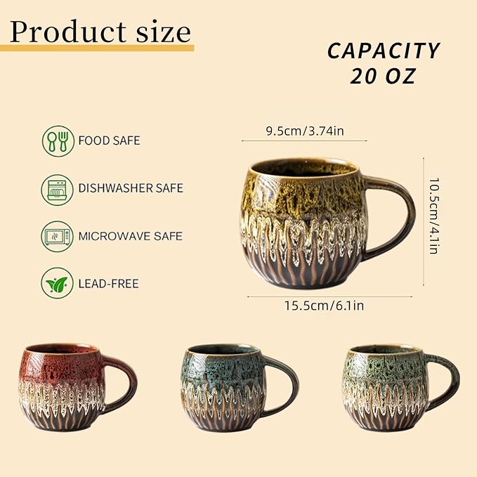 20oz Large Ceramic Coffee Mug, Red/Yellow/Blue/Green, Set of 4 | Large Tea Mug, Microwave Safe, Dishwasher Safe - Image 2