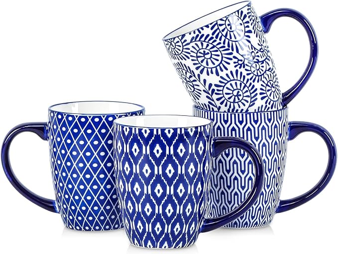 Selamica Ceramic Coffee Mugs Set of 4 with Handle, 16 OZ Large Coffee Cups for Cappuccino, Tea, Mocha, Cocoa, Dishwasher Microwave Safe, Vintage Blue by Selamica