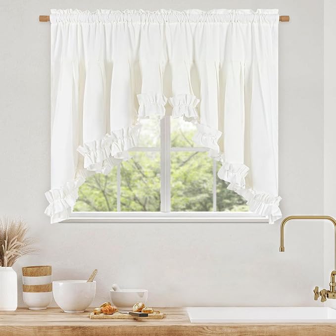 Likiyol Linen Valances for Windows Farmhouse Ruffle Swag Valance Rustic Country Window Valances Light Filtering Kitchen Curtains Rod Pocket Valance Curtains for Bathroom Cafe, White, 60" W x 36" L - Image 2