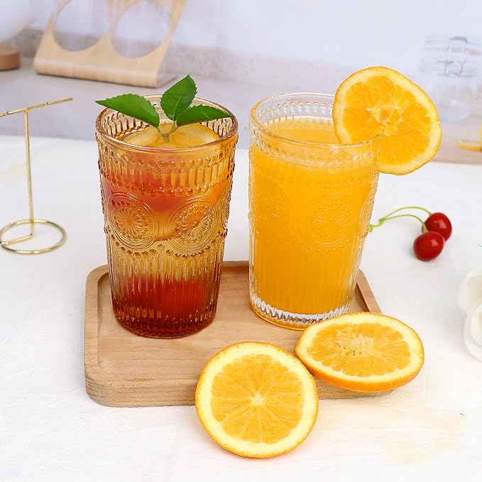 Loivttvv 6pcs Vintage Drinking Glasses Set, 12 oz Amber Highball Glasses, Embossed Ribbed Glassware Cups for Thanksgiving Cocktail, Juice, Whiskey - Image 8