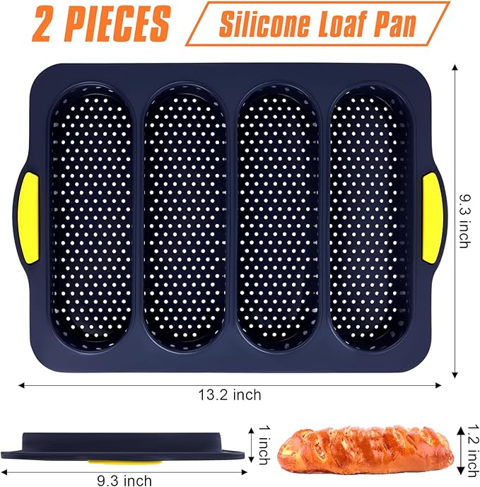 2 Pcs Silicone Bread Loaf Pan, Non-Stick Baguette Bread Pan Food Grade, 4-Cavity Perforated French Baking Mold for Homemade Bread, French Baguette, Sandwich Rolls