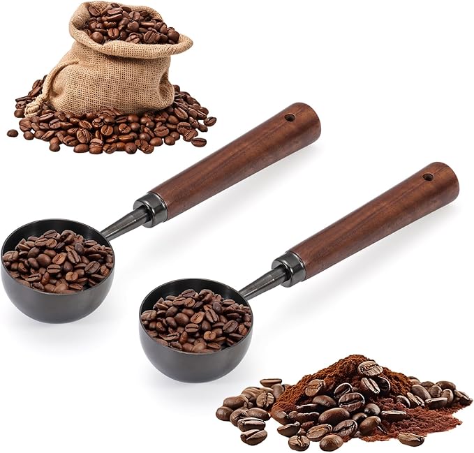 Vintage Coffee Scoop 10g/30ml Capacity 2pcs Retro 304 Stainless Steel Coffee Measuring Spoon Walnut Wooden Handle Coffee Scoop Kitchen Utensil for Measuring Scooping Tea Coffee Spices (Long Handle)