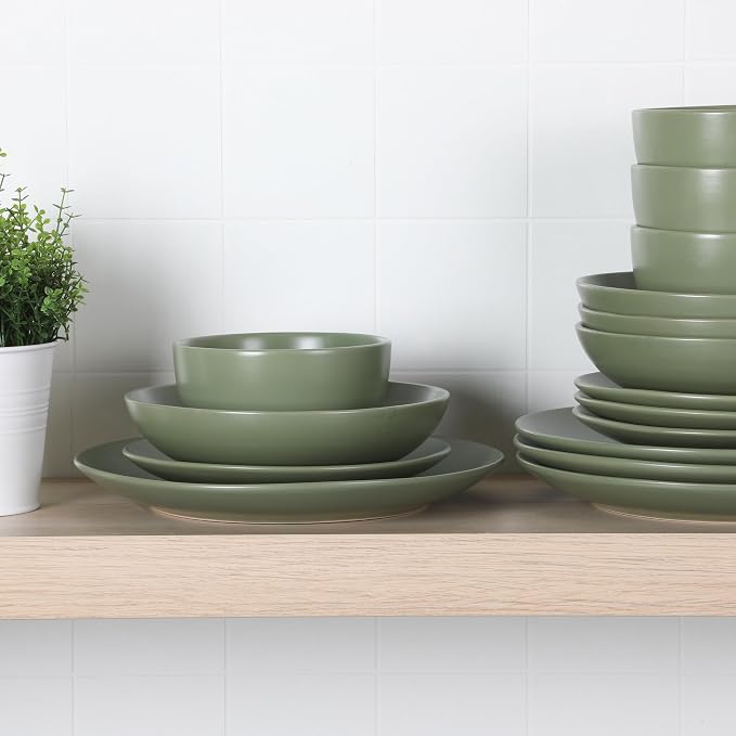 Gibson Home Queenslane 16-Piece Matte Green Stoneware Dinnerware Set – Double Bowl Plates and Bowls, Durable Kitchen Dinner Set - Image 4