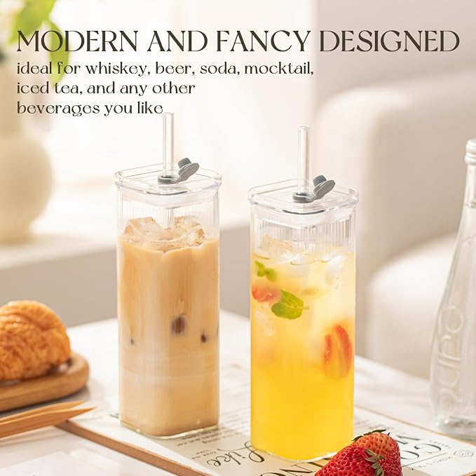 KEMORELA 6 Sets Glass Cups with Lids & Straws, Square Ribbed Drinking Glasses with Lids, Clear Highball Tumblers for Cocktail, Coffee, Juice, Beer, Modern Mixed Drinkware Jars - Image 3