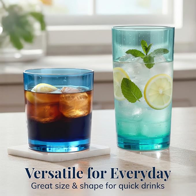 US Acrylic Classic Plastic Reusable Drinking Glasses (Set of 8) 12oz Rocks & 16oz Water Cups in Coastal Colors | BPA-Free Tumblers, Made in USA | Top-Rack Dishwasher Safe - Image 3