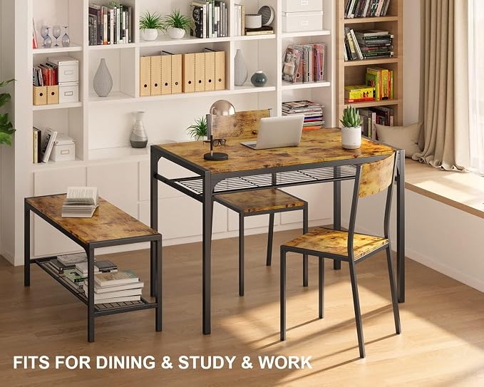 Gizoon 4-Piece Dining Table Set for 4, Kitchen Table with Bench Rustic | Space-saving rustic 4-piece dinette set with metal storage rack. Includes 2 ergonomic chairs and 1 bench. Easy to clean. - Image 9