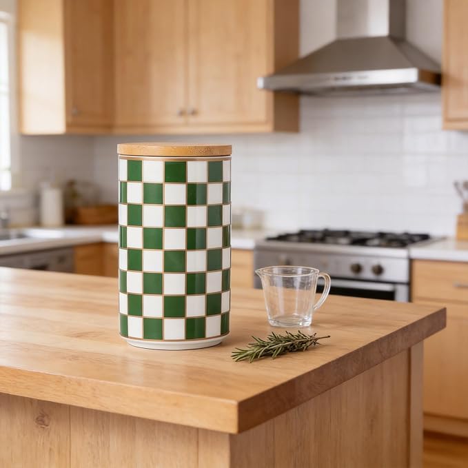 Kitchen Countertop Ceramic Checkered Canisters,Black And White Food Storage Containers With Lid,Airtight Kitchen Canisters for Flour, Sugar, Coffee, Tea, and Dry Goods (Green, Large) - Image 5