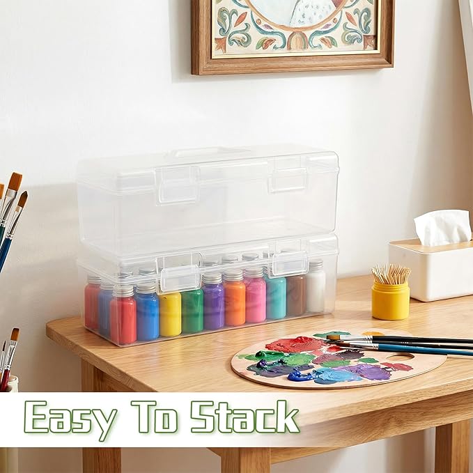 SHENLIU 3 Pcs Acrylic Paint Storage Box, 30 Bottles Capacity Acrylic Paint Organizer for 2 fl. oz Bottles, Plastic Portable Craft Art Organizer with Handle Art Supply Clear Boxes