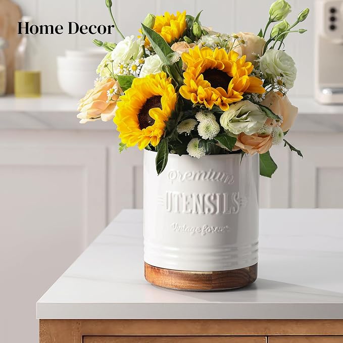DOWAN 360° Rotating Extra Large Cooking Utensil Holder, 7.6" Kitchen Utensil Holder for Countertop, Utensil Crock for Farmhouse Kitchen Decor, Ceramic Stable Utensil Caddy, White Text - Image 9