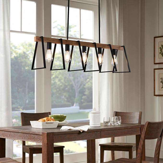 Rustic Wood Chandeliers Farmhouse 5 Light Dining Room Light Fixtures Mid Century Modern Black Linear Chandelier Industrial Kitchen Island Rectangle Pendant Light - Image 5