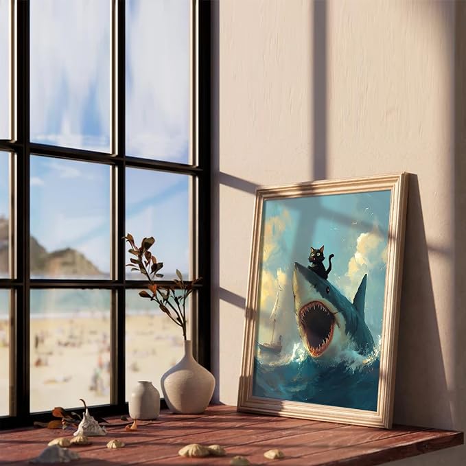 XOCUUI Cat Riding Shark Canvas Funny Cat Canvas Animal Decor Funny Shark Picture Coastal Theme Artwork Animal Prints Abstract Fish Picture Black cat Painting For Lover 8x10 - Unframed - Image 6